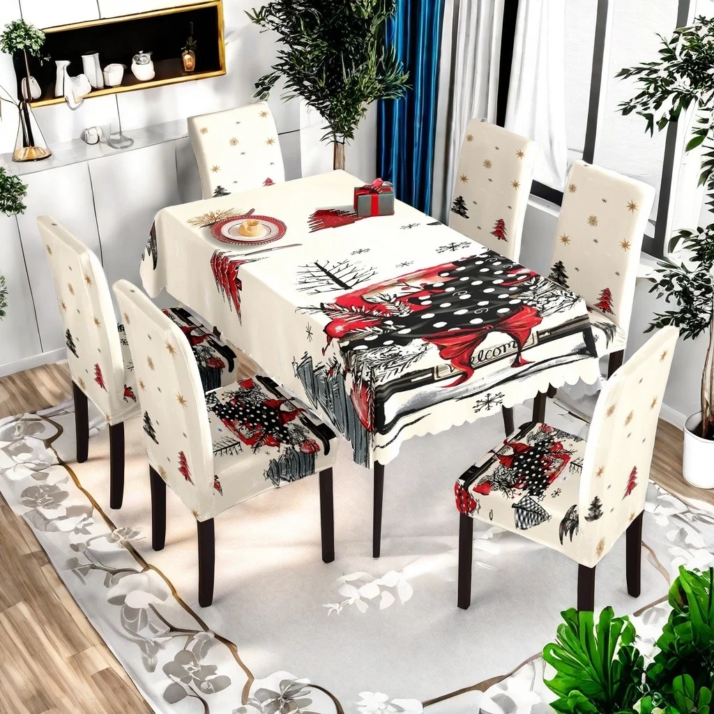 

Рождественский набор стола и стула с принтом автомобиля и рождественской елки для праздничной вечеринки, украшения для семейного ресторана в отеле