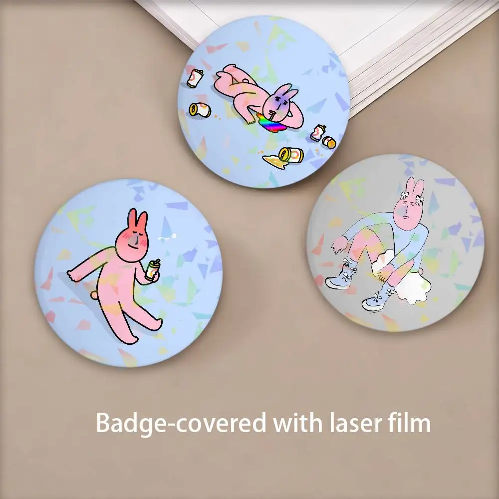 Funny My Friend Rabbit Pink Meme Round Badge Lapel Pins for Backpacks Briefcase Laser Brooch Clothes Gifts
