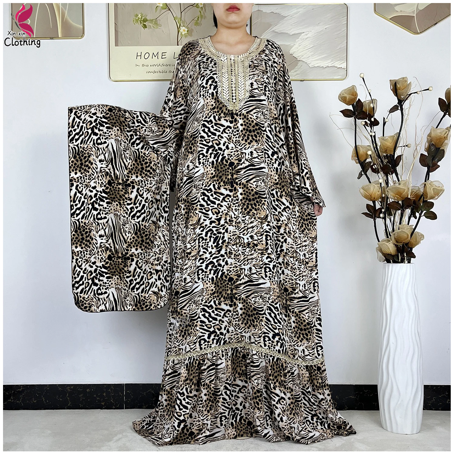 

2026Latest Style Casual Fashion Leopard Print Dress Cotton Women Long Sleeve Loose Abaya Boho Long Maxi African Dress With Scarf