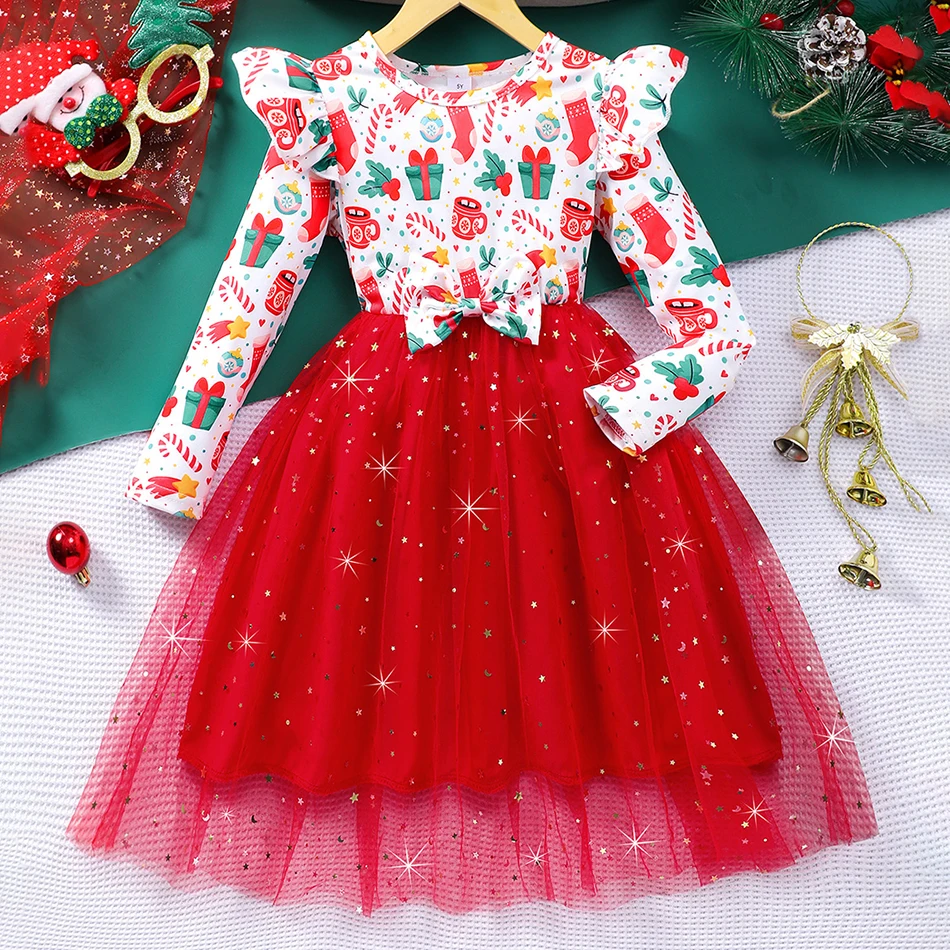 طفلة حفلة الأزهار تنورة الاطفال عيد الميلاد نمط طباعة فساتين الأميرة الفتيات ملابس الطفل نافيداد كم طويل القوس فستان شبكي