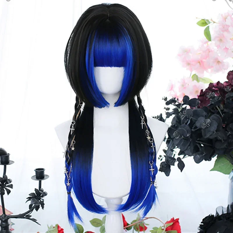 HOUYAN Long Straight Hair Synthetic Wig Girly Bangs Blue Black Ji Hair Lolita Cosplay Natural Wig Party Wig