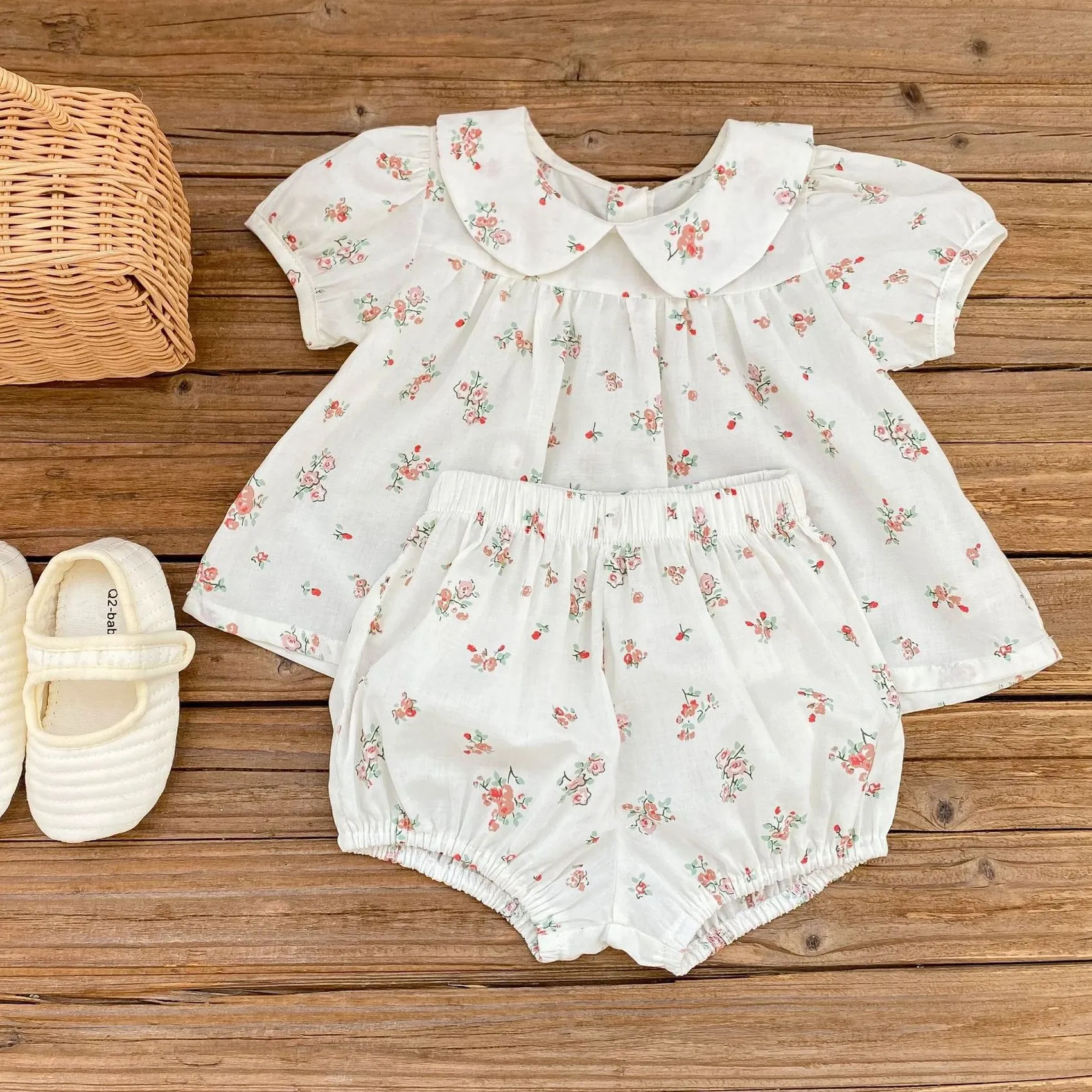 

Infant summer short sleeve 2-piece set baby girls 2pcs clothes Floral Pattern Doll Collar Top + Shorts