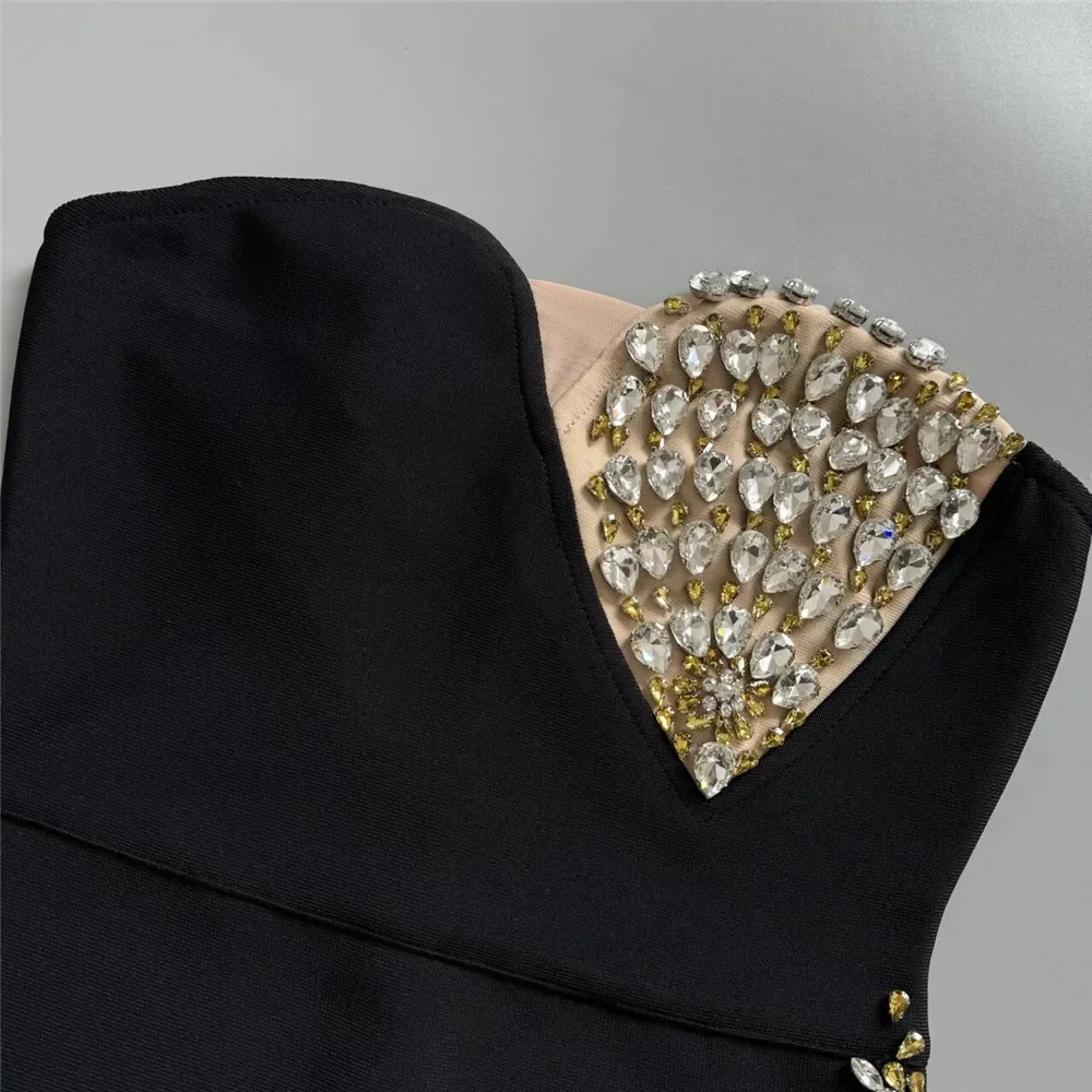 Women Sexy Strapless Golden Crystal Bodycon Long Bandage Dress Fashion Celebrate Evening Party Birthday Photo Shot Wear
