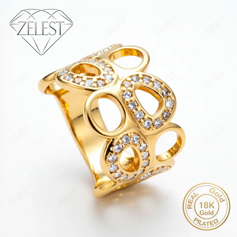 

925 Sterling Silver 18K Gold Plated Exquisite Openwork Diamond-Studded Wide Ring for Women, Fashionable Party Gift Jewelry