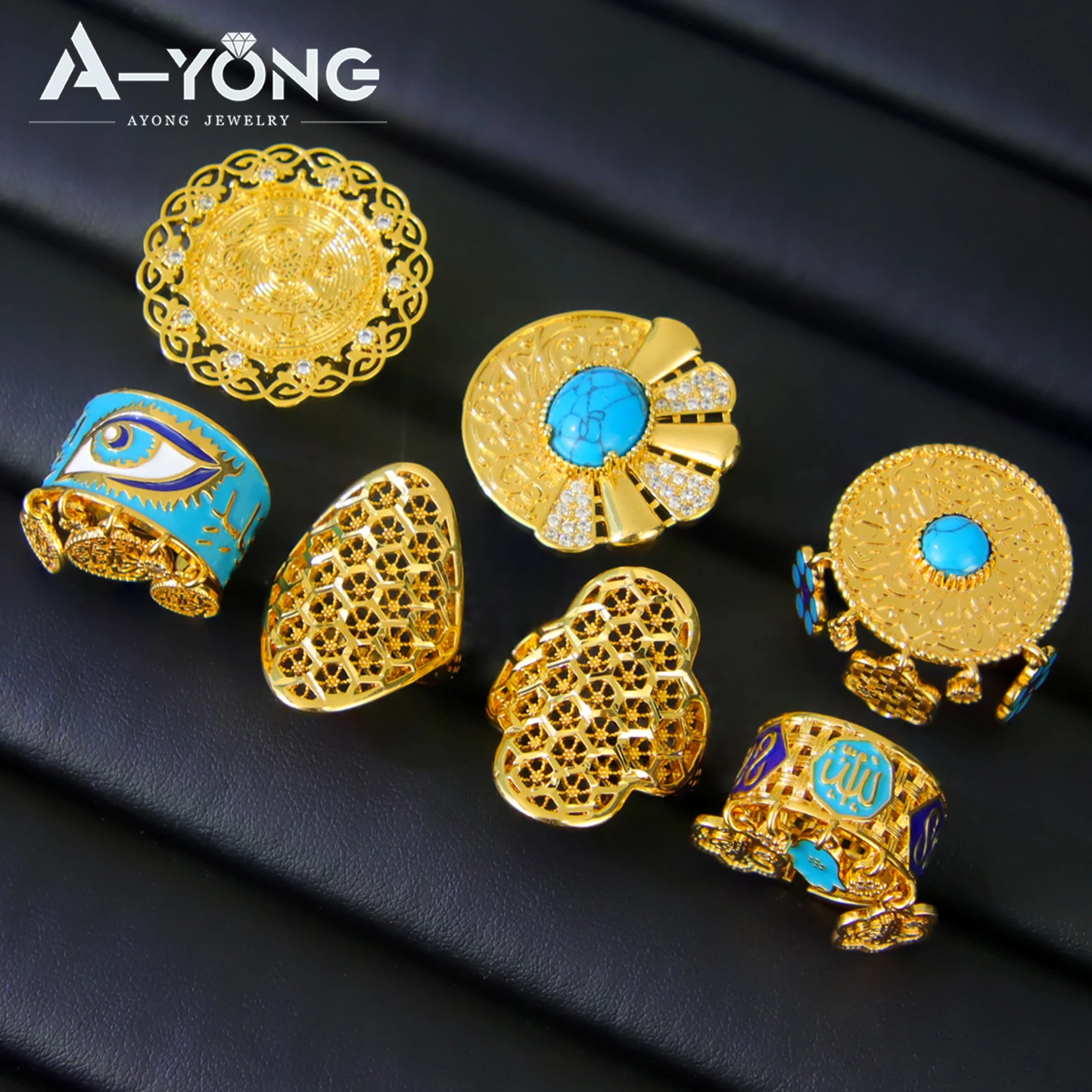 Arabian Vintage Turquoise Rings 21k Gold Plated Italian Zirconia Exotic Rings Algeria Women Bridal Party Jewelry Gifts
