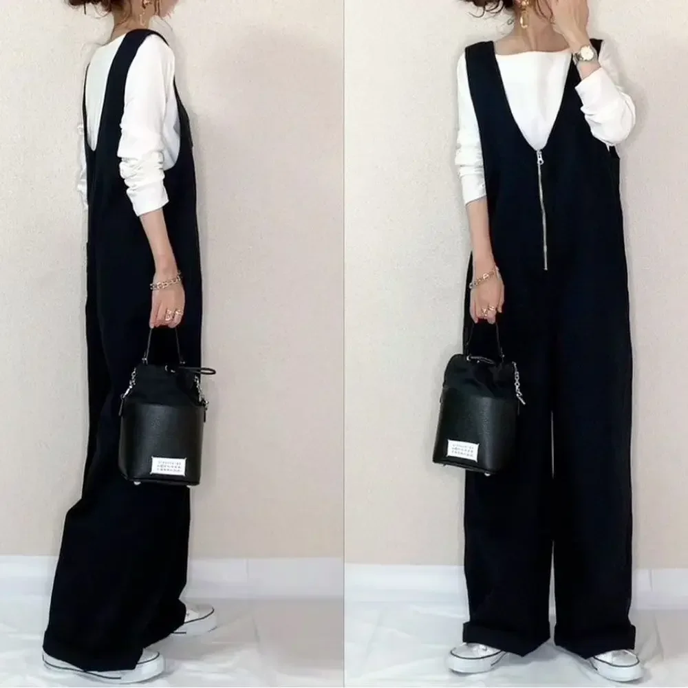 3-color Japanese Style 2024 Summer New Solid Color Zipper Back Belt Connected Bell Bottoms Slimming Draped Jumpsuit