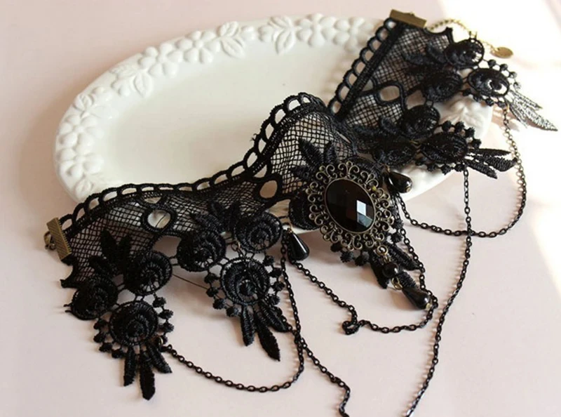 Fashion Gothic Victorian Crystal Tassel Tattoo Choker Necklace Black Lace Collar Vintage Women Wedding Jewelry