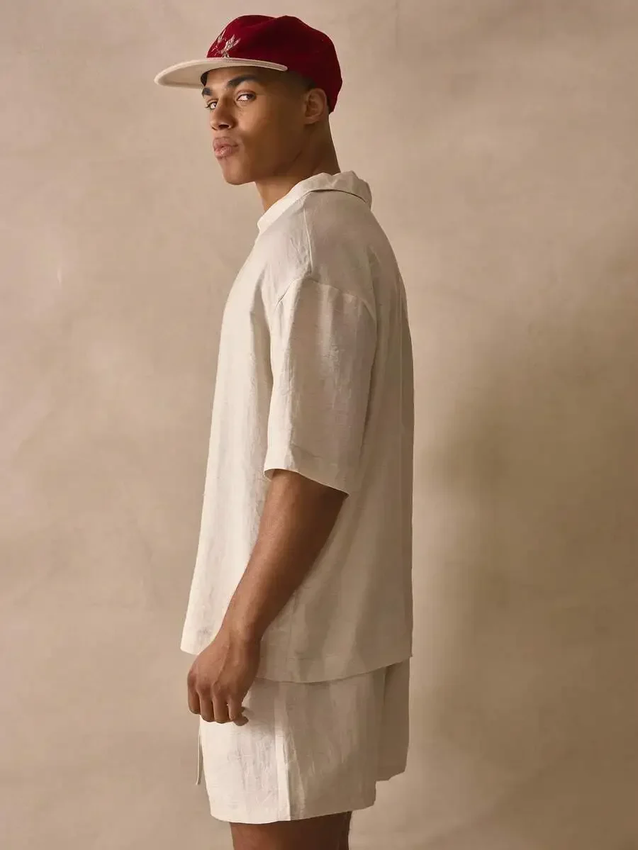 

Oversized Short Sleeve V Neck Collared Drop Shoulder Linen Shirt Spring Summer Casual Beach