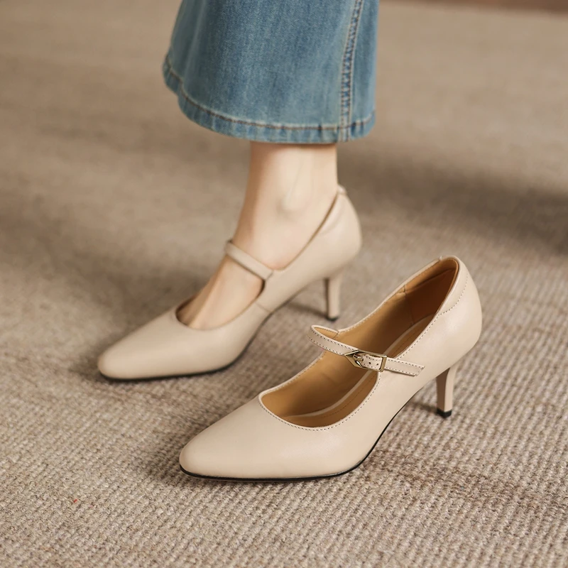 

Women's New Spring and Autumn Genuine Leather Cowhide High Heels Large Metal Belt Buckle Retro Mary Jane Work Single Shoes