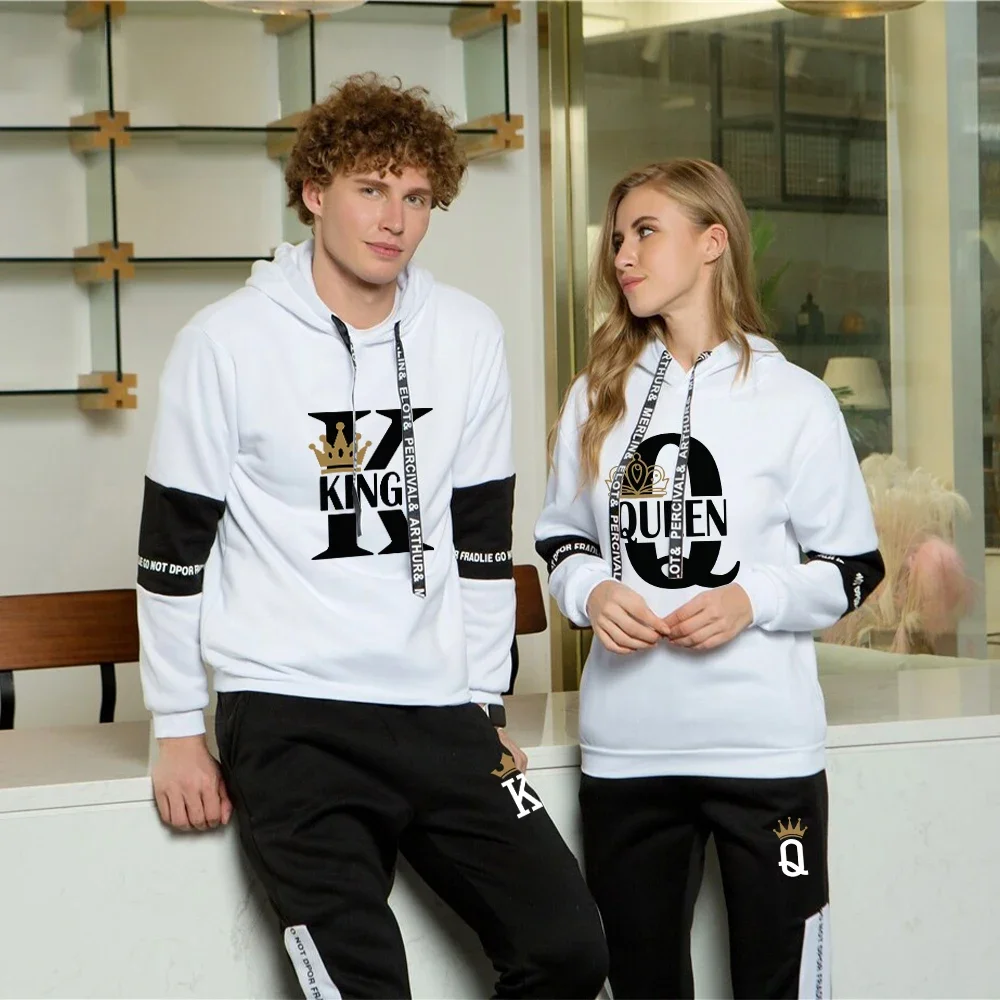 Couple KING QUEEN Print Sportswear Sweatshirt Sweatpants Set Fashion Casual Sports Men Tracksuit Women Man Hoodie Suit Clothing