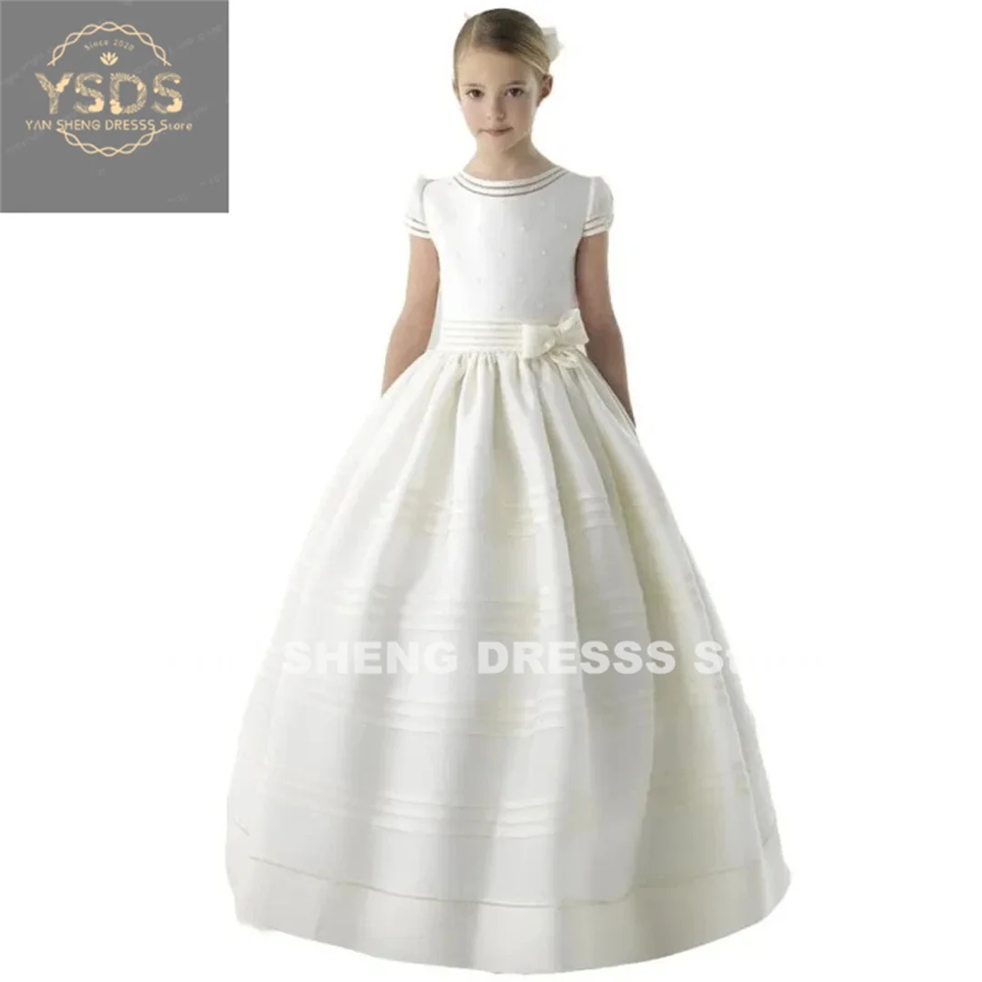 Flower Girls Dresses Vintage Ivory Satin Pearls Top With Bow For Wedding Birthday Party Princess Dress Baptism Clothes