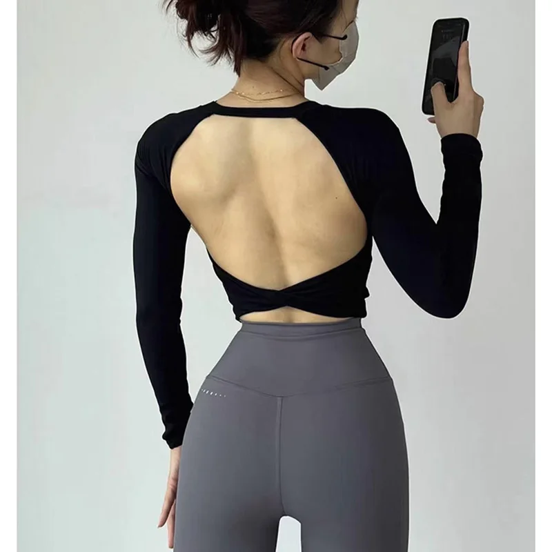 Yoga Long Sleeved Women's Fixed Chest Cushion Sexy Backless Short Sports T-shirt With Waist Cinching And Slimming Fitness Vest image 2