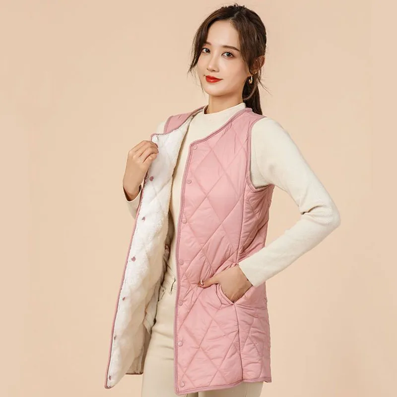 

2023 Winter Women Thicken Sleeveless Coat Diamond Plaid Elegant Fashion Simplicity Warm Jacket Female Lamb Fleece Slim Vest Coat