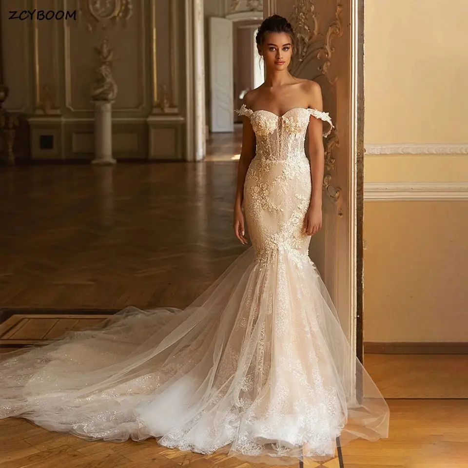 

Sexy Off Shoulder Mermaid Wedding Dresses 2023 Sweetheart Shiny Beading Floral Appliques Backless Bridal Gowns Vestidos De Novia