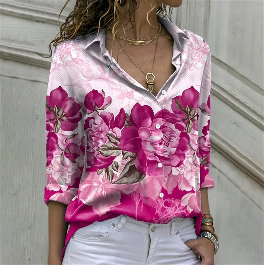 Women Flower Pattern Casual Shirts All Season Long Sleeve 3D Floral Printed Ladies Street Blouse 3XL Large Size Shirt