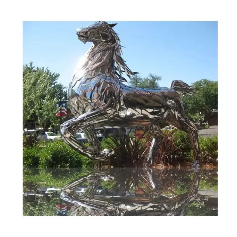 Landscape Garden Stainless Steel Animal Mirror Polished Large Outdoor Horse Sculpture Statue