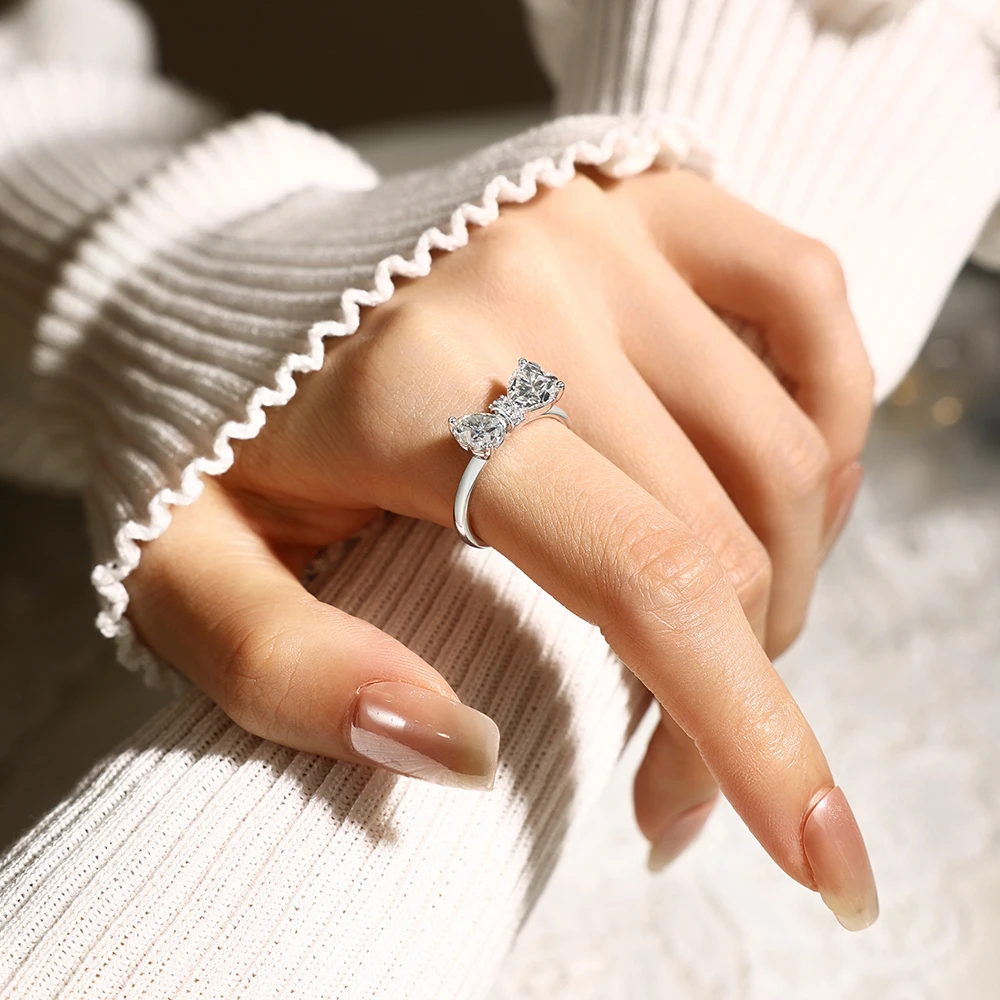 MINTYBOX Bowknot Heart Cut Two Moissanite Rings for Women 925 Sterling Silver Romantic Enagement Ring Jewelry Valentine Day Gift