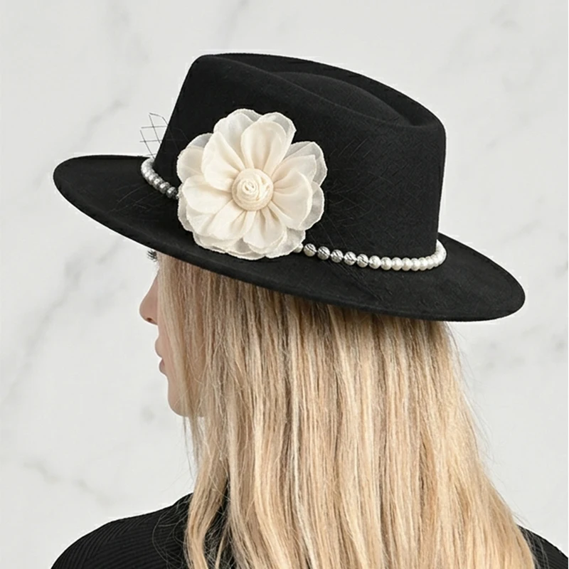 2026 New Elegant Pearl Bead Floral Fedora Hat with Mesh Net Veil Women Tea Party Fascinator Top Hat Wedding Church Accessories