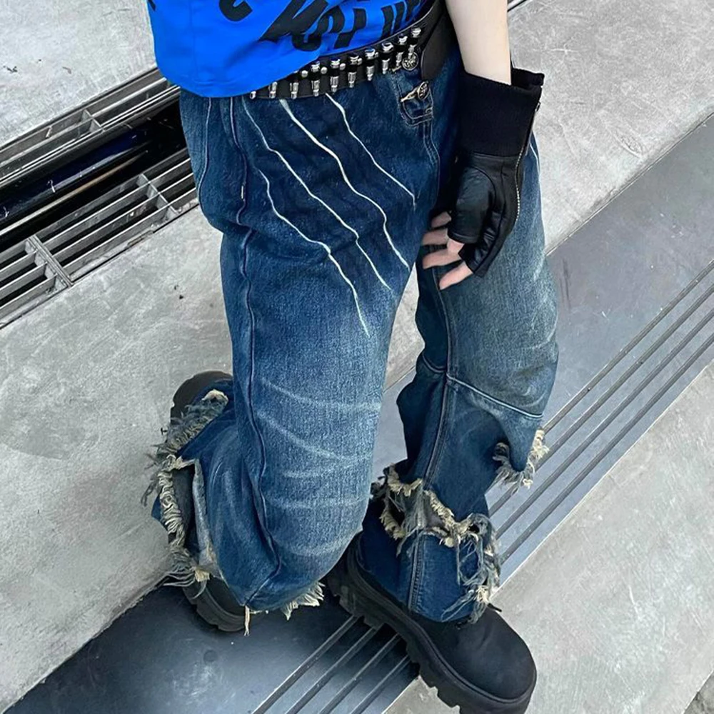 American high street washed damaged claw mark splicing jeans children's new design sense ripped rough  trousers