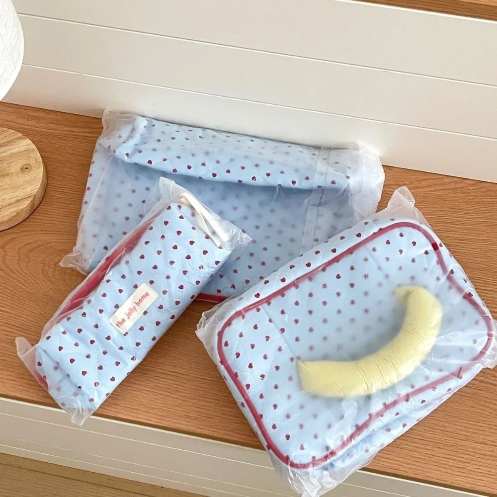 New Quilted Makeup Bag Heart Print Large Capacity Cosmetic Bags Blue Pen Bags Travel Organizer
