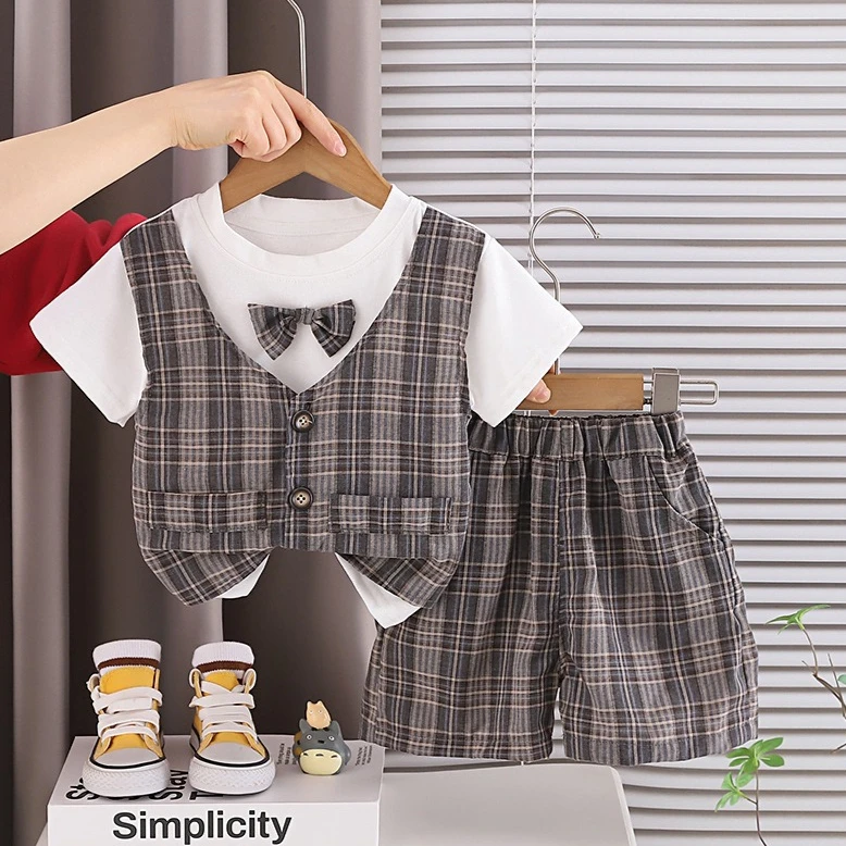 Boys Suit 2026 Spring and Summer New Childrens Wear Korean Style Boys Baby Check False Vest Short-sleeved Shorts Two-piece Set