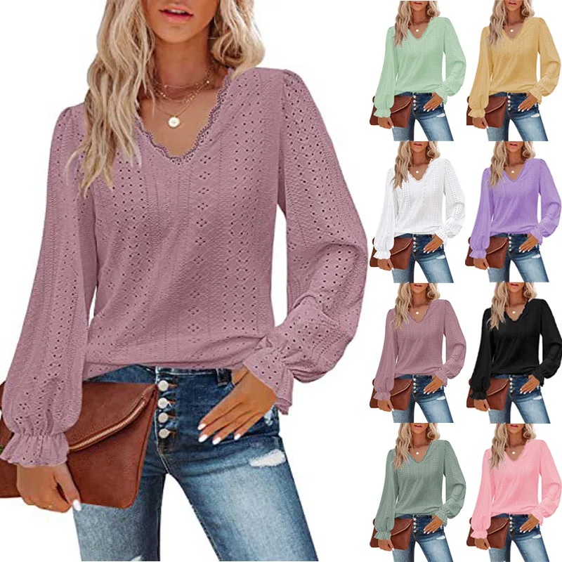 2024 Spring Summer Women's Long Sleeve Tops V-neck T-shirt Hollow Casual Pleated Sleeve Top Shirt Women's Summer Blouse Tops