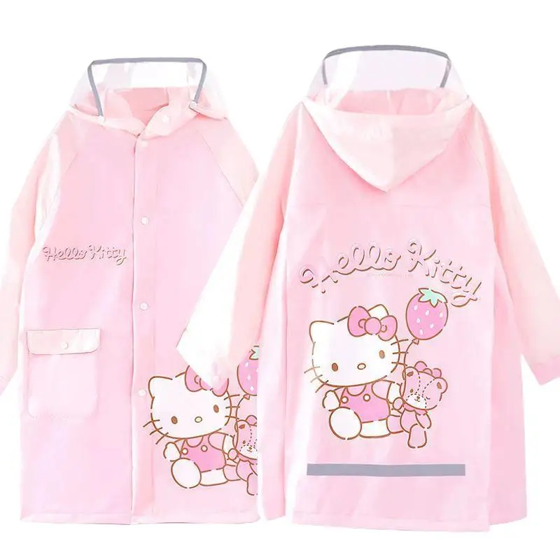 

Sanrio Hello Kitty Children Raincoat Kawaii Anime New Style Student Waterproof Rainy Season Big Brim Medium and Long Styles Hot