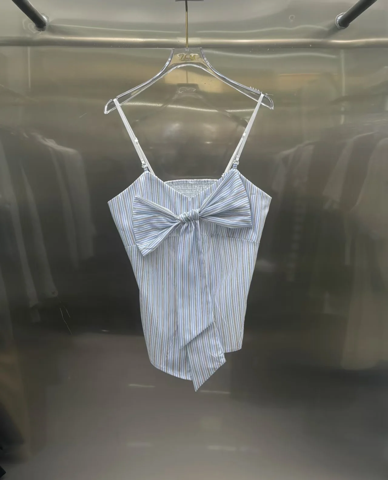 New French elegant blue and white striped camisole vest with a large bow on the front and an irregular top at the back for women