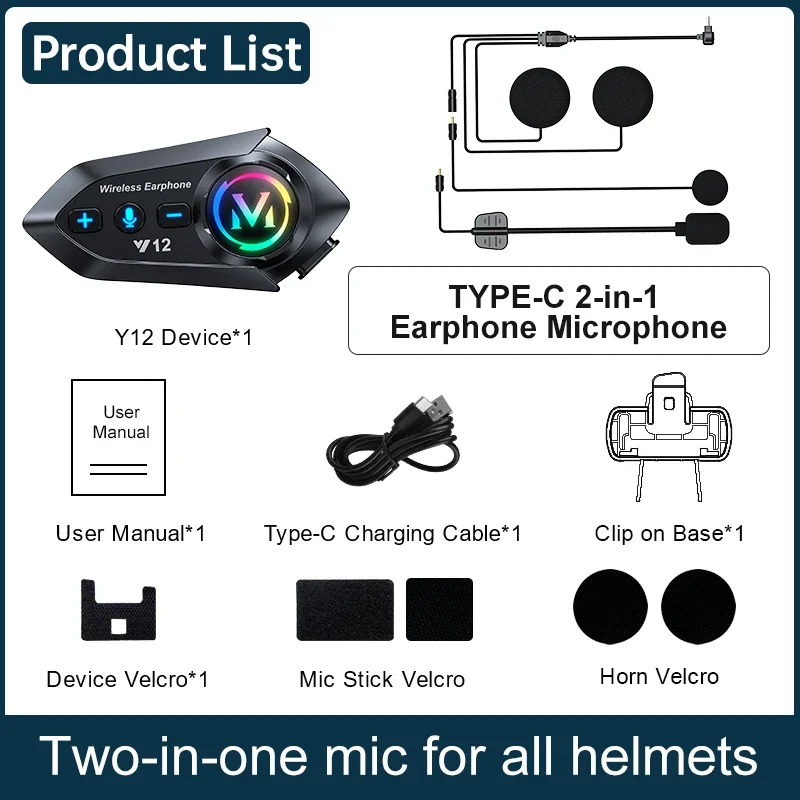 Y12 Bluetooth 5.4 Motorradhelm-Headset Stereo Sprachsteuerung Freisprechfunktion Wasserdicht 500mAh Mit Umgebungslicht