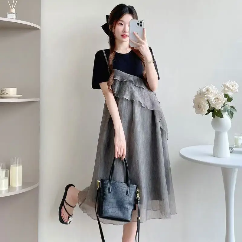 Fashion O-Neck Spliced Ruffles Fake Two Pieces Casual Dress Female Clothing Summer New Loose All-match Short Sleeve Dress
