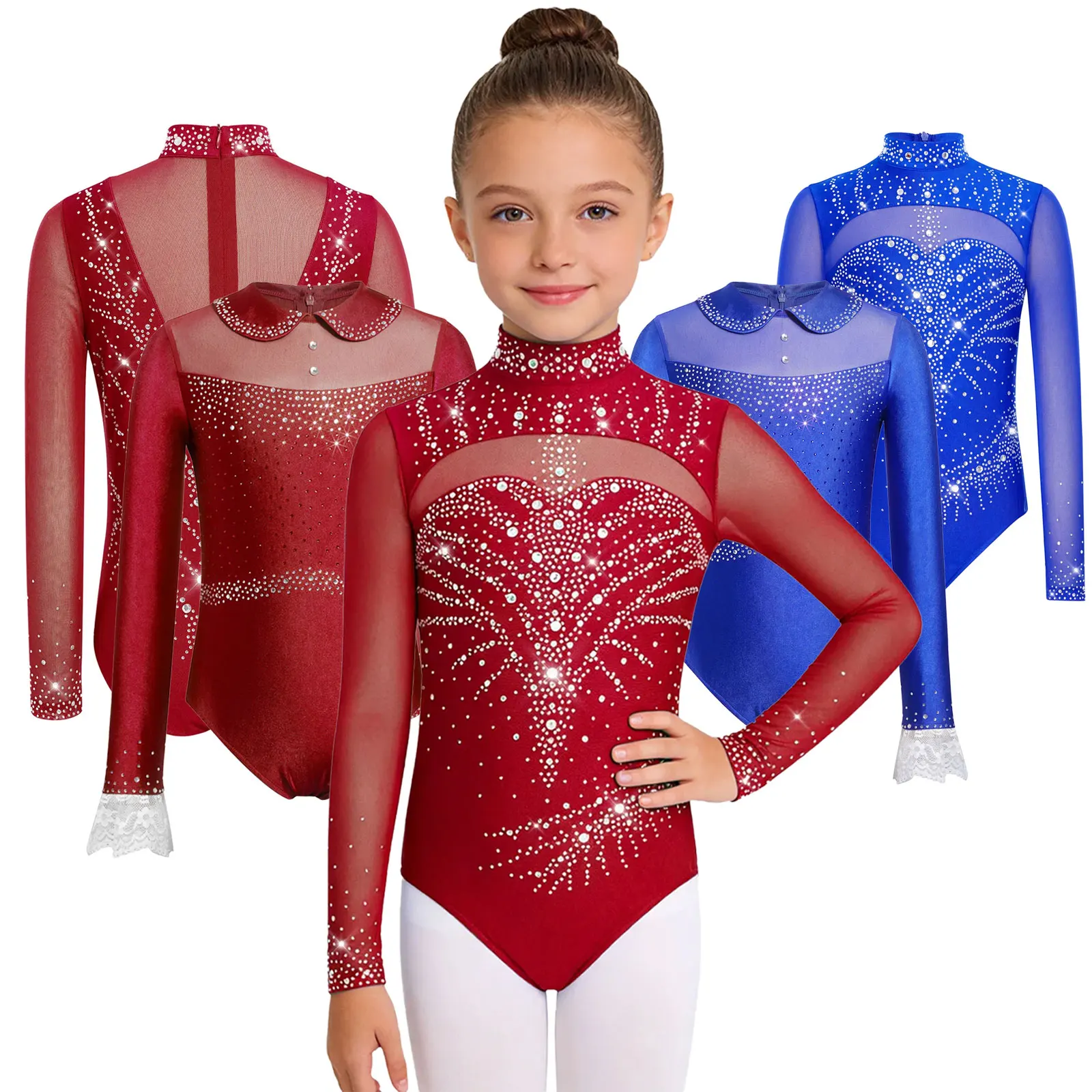Kid Girls Gymnastics Artistic Figure Skating Ballet Jersey Costume Sparkly Rhinestone Leotards Jumpsuit Dance Competition Outfit