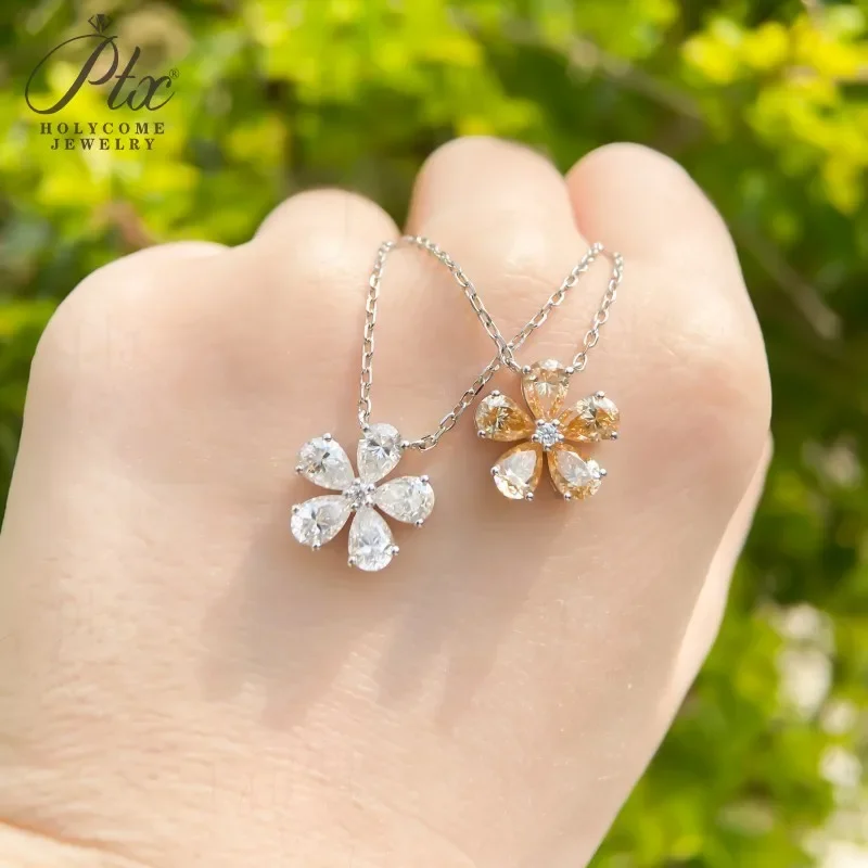 Halskette mit Fünfblättrigem Blumen-Anhänger, Moissanit-Diamant, 925 Sterling Silber Kette, Schmuck für Damen, Hypoallergen, Jubiläumsgeschenk – Detail 3