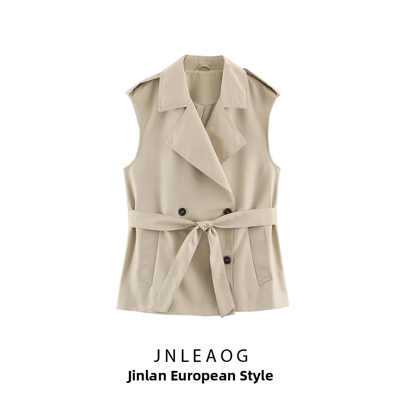 Fashionable Versatile Women's Vest Belted Double Breasted Summer New Arrival JNLEAOG Polyester Outerwear Regular Length