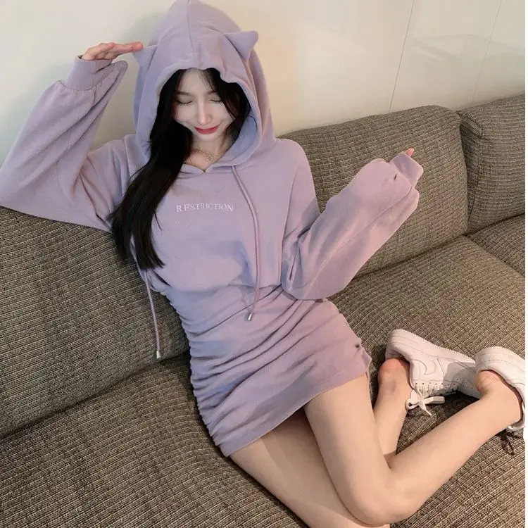Hooded Sweater Wrap Hip Dress Women's Autumn 2023 New Short Dress Purple Waist Long Sleeve Y2K Skirt