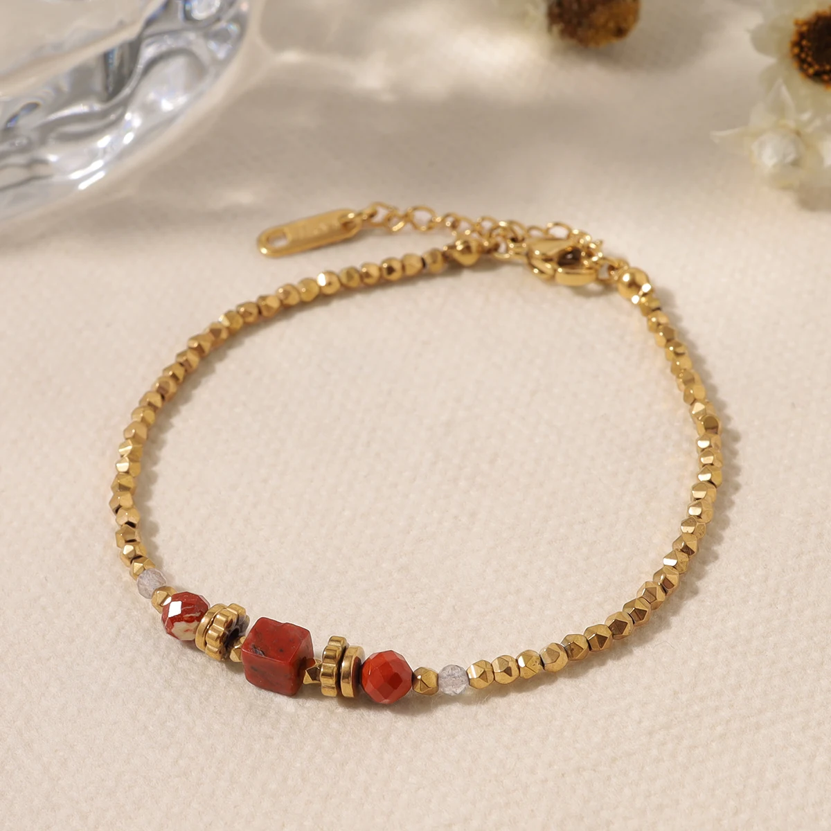 YACHAN 18K Gold Plated Stainless Steel Beaded Bracelet for Women Vintage Luxury Red Natural Stone Jewelry Waterproof