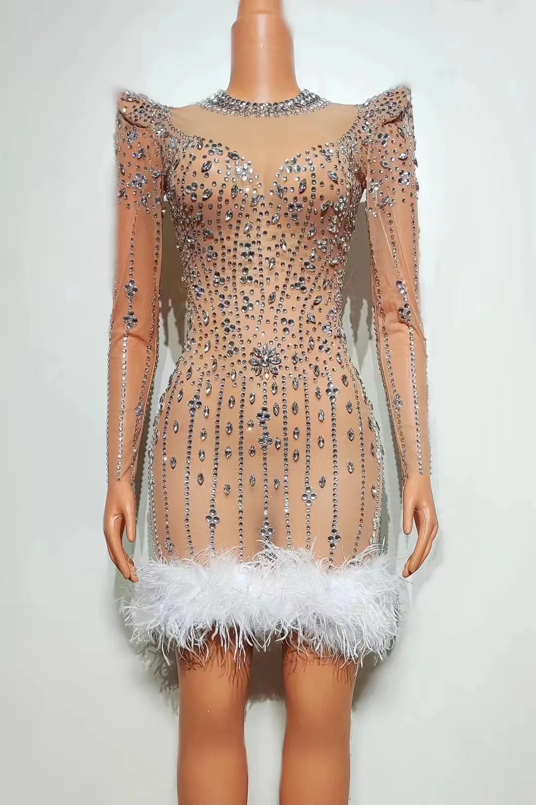 

Sparkly Diamonds Feathers O Neck Long Sleeve Short Dress Evening Party Celebrate Nightclub Signer Performance Women Clothing