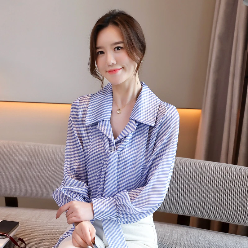 Fashion Autumn Long Sleeve Slim Striped Shirts Woman Luxury Casual Bow Collor Blouse Women Elegant Blue Office Top Female Mq212