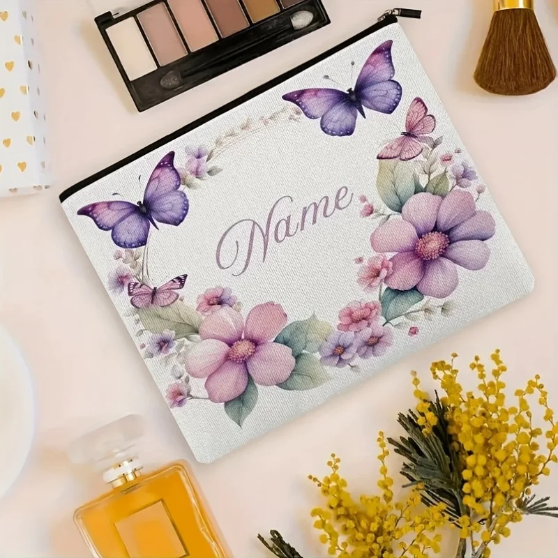 Personalized Purple Butterfly Flower Frame Toiletry Bag a Custom Name Makeup and Storage Pouch Made of Lightweight Polyester
