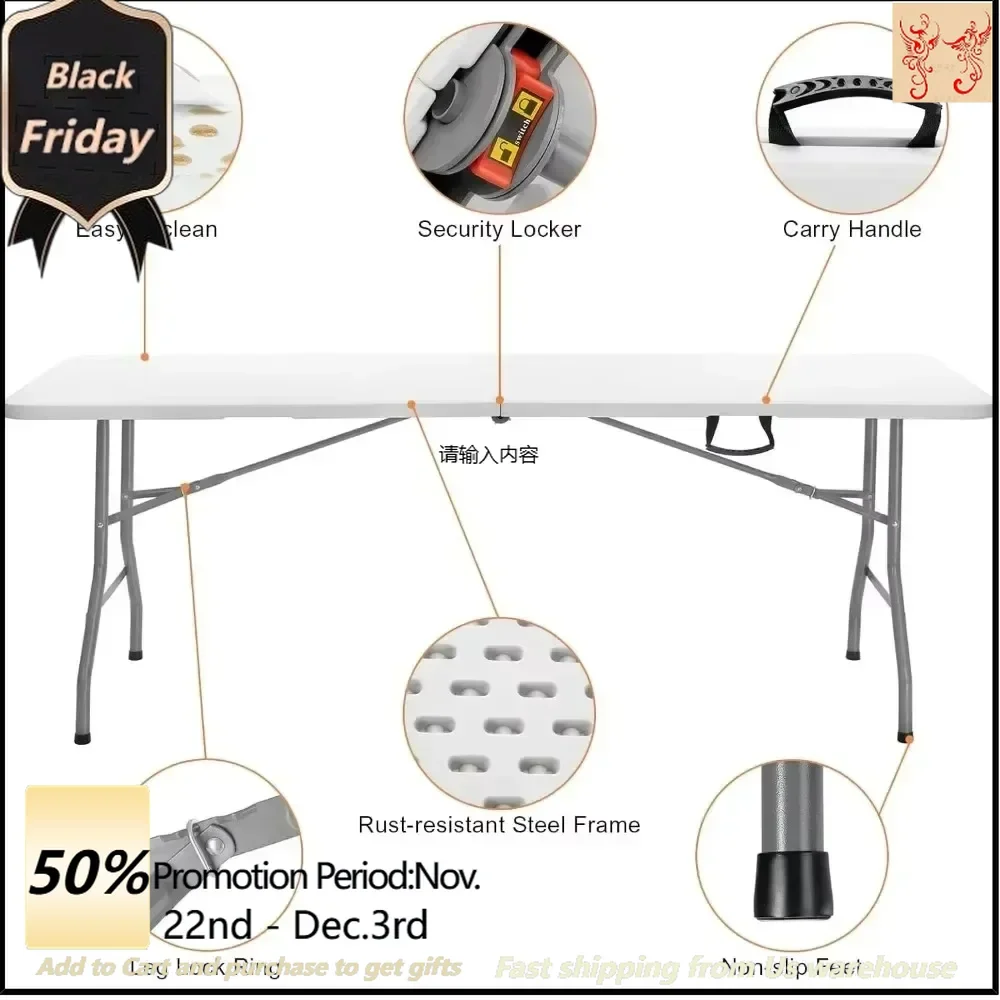 Folding picnic table 8 ft, portable, with handles, white trailing utility commercial craft table with heavy duty frame Tables