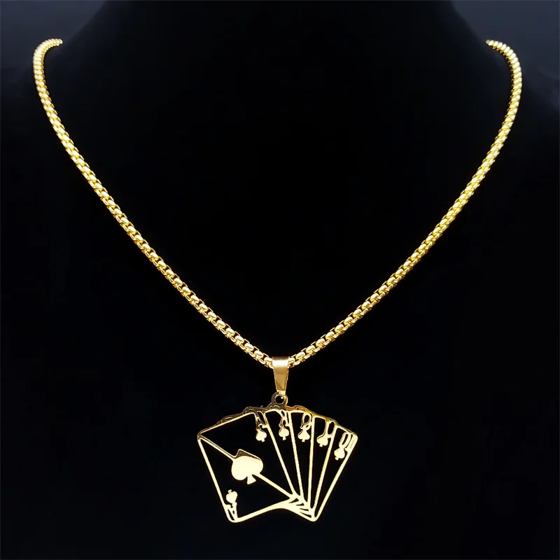 Lucky Ace of Spades Poker 10 J Q K A Necklace Stainless Steel Card Casino Fortune Playing Cards Necklace Jewelry collier6106