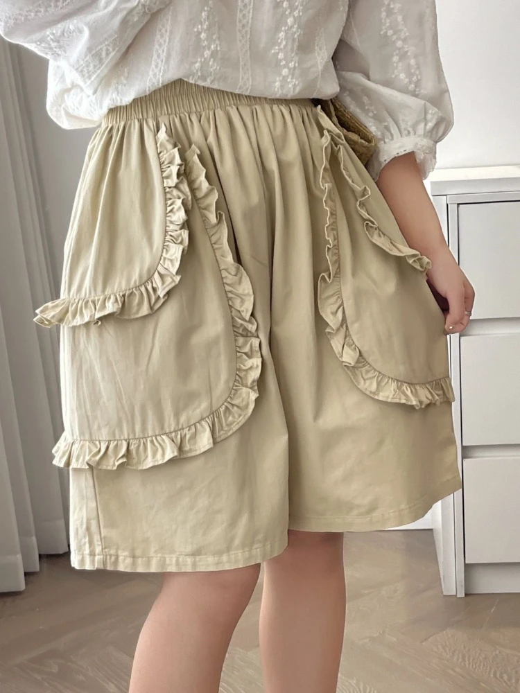 Preppy Style Shorts Ruffles Patchwork Solid Color High Waist Casual Loose Fifth Pants Summer All Match Design Women's Clothing