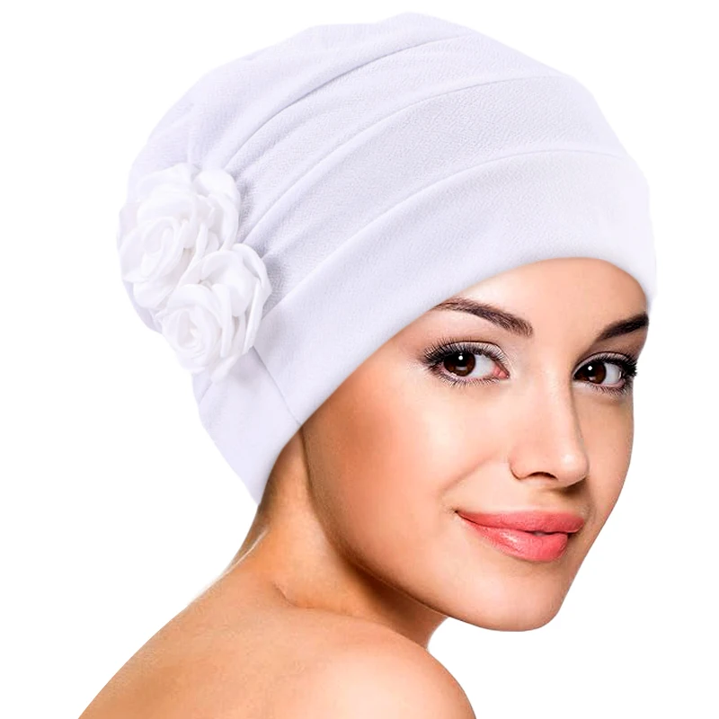 New Women Solid Colors Flower Decro Turban Cap Beanies Muslim Hijab Soft Head Cover Hair Loss Cancer Chemo Hat Islamic Head Wrap