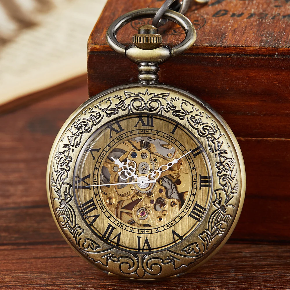 Bronze Roman Numerals MANS Pocket Watch With Chain Men Women Vintage Charm Steampunk Pendant Necklace Hanging Watch Clock