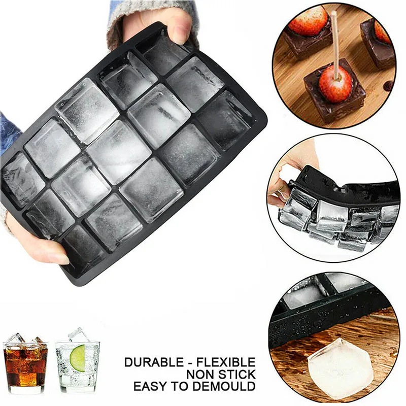 15 Grids - Silicone Ice Cube Tray Large Mould Mold Giant DIY Maker Square Mould  Black square without cover