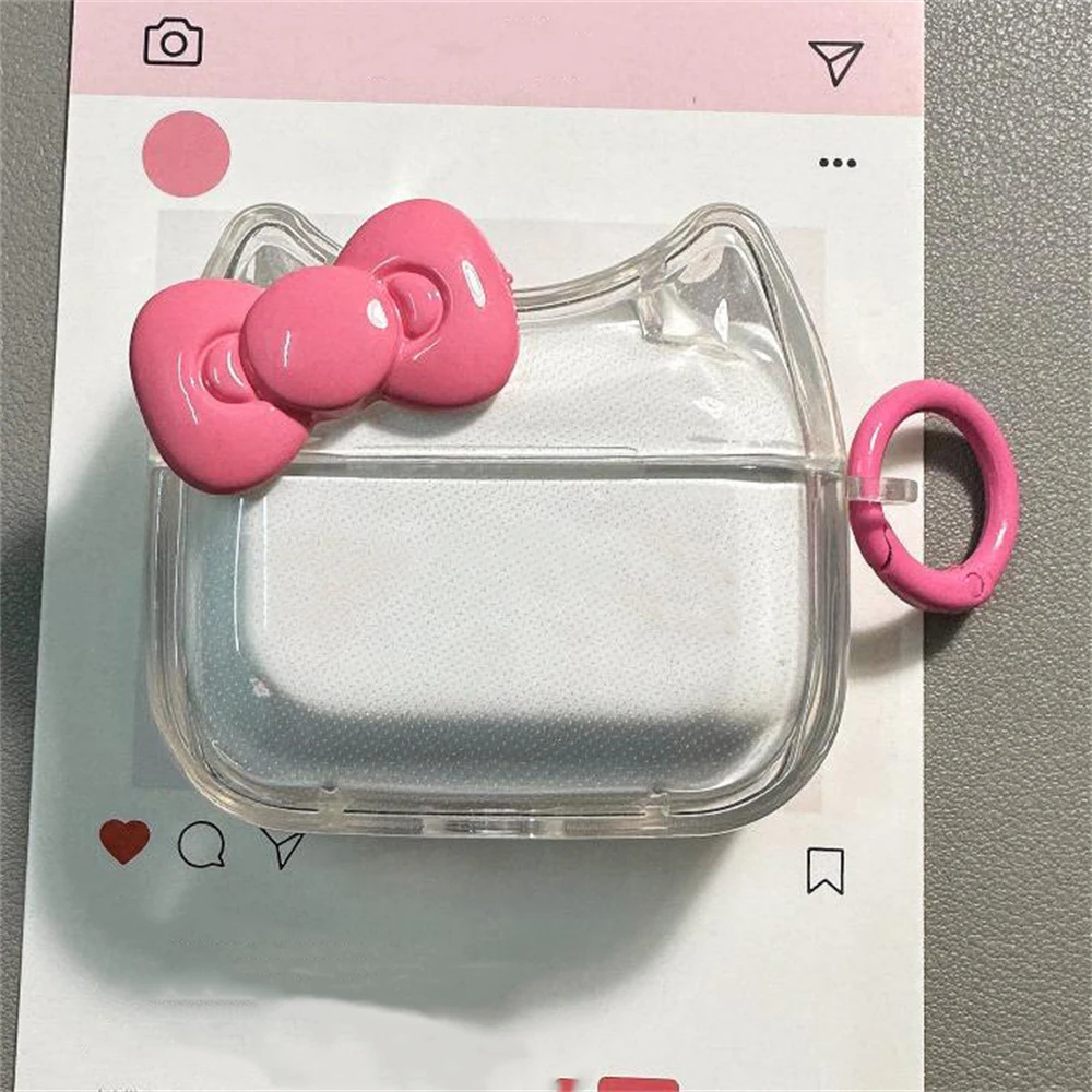 Kawaii Cute Pink Bowknot Ear Clear cuffie custodia per AirPods 1 2 3 con portachiavi custodia protettiva Soft Cover per AirPods Pro 2