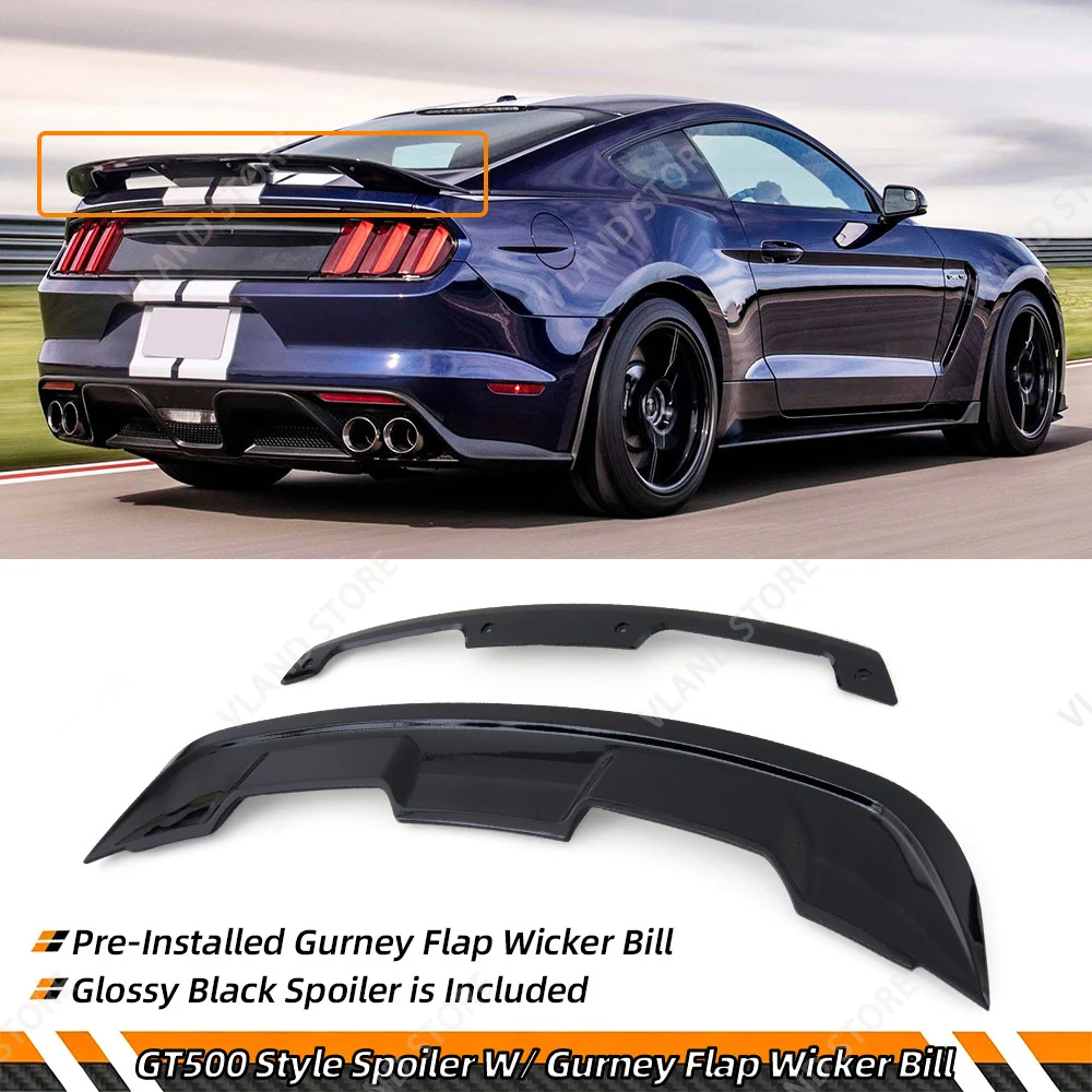 VLAND 2015-2023 Mustang GT500 Style Rear Trunk Spoiler, Smoked Gurney Flap Rear Wing, Sporty Racing Style, Aerodynamic Body Styling Upgrade