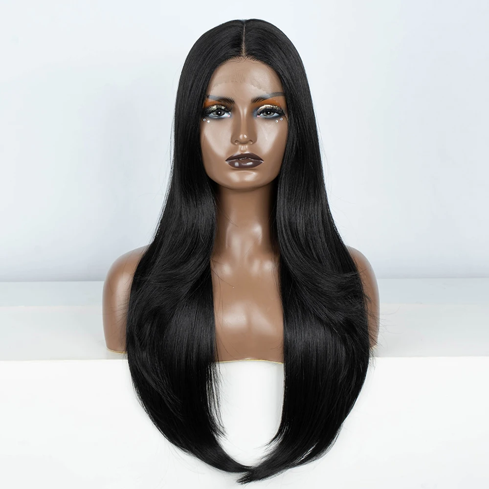 شعر مستعار بدانتيل صناعي أمامي للنساء ، طويل مستقيم ، طبقات ، 28 بوصة ، مقاوم للحرارة