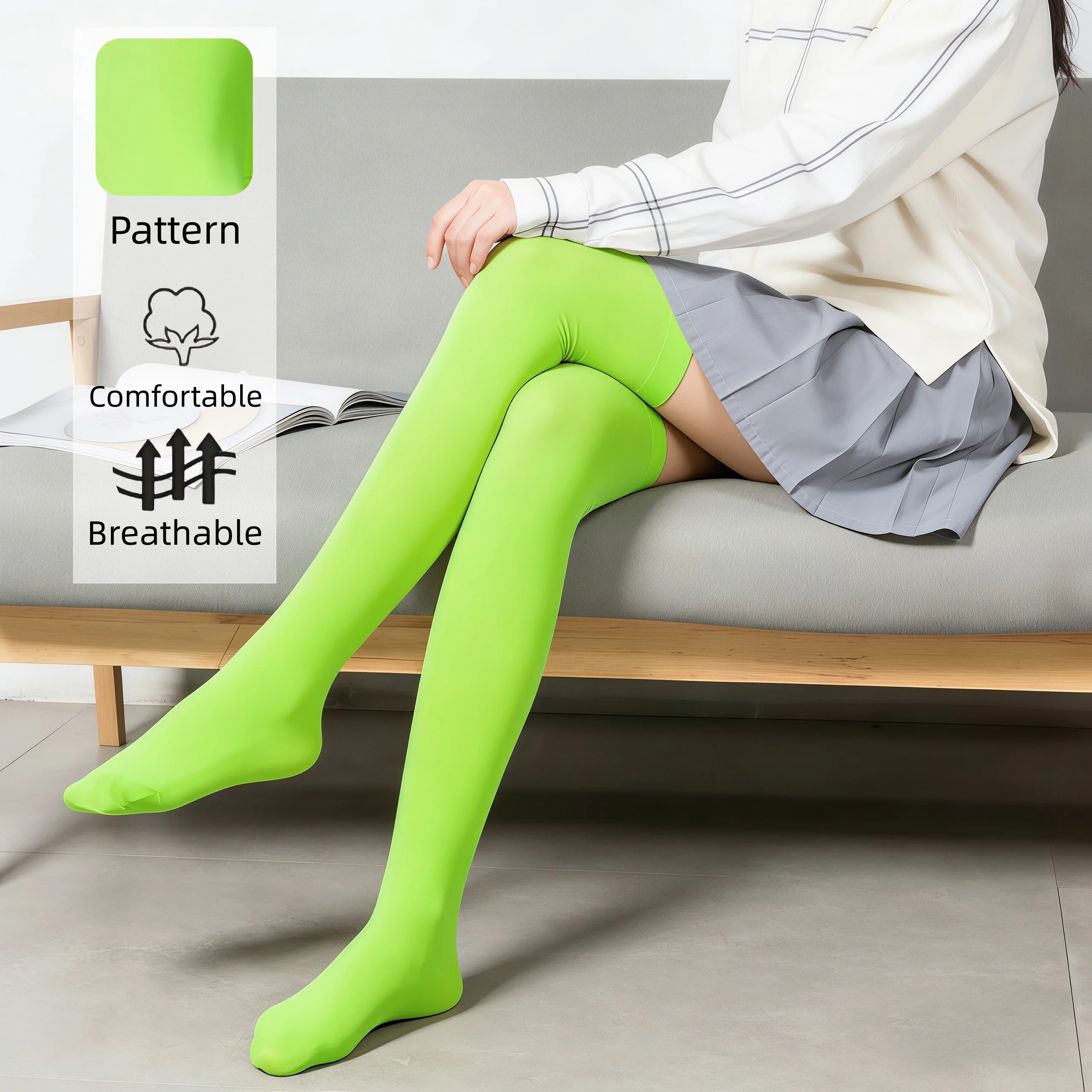 Neongrüne Overknee-Socken für Damen - Blickdichte Überkniestrümpfe, Weiche Bequeme Atmungsaktive Dehnbare Lange Socken für den Alltag