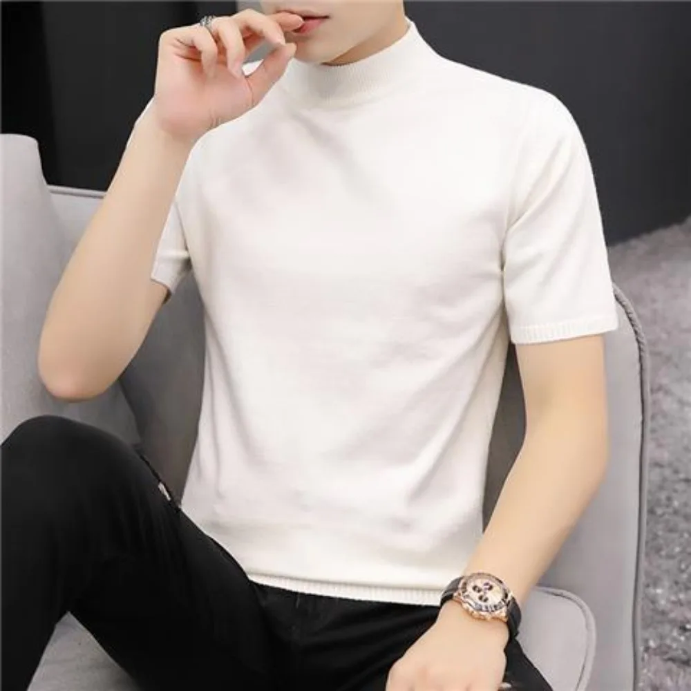 Summer High Neck Solid Color New Men\'s Fashion Turtleneck T-Shirts Casual Slim Solid Color Short Sleeves Tops  Oversize T-shirt