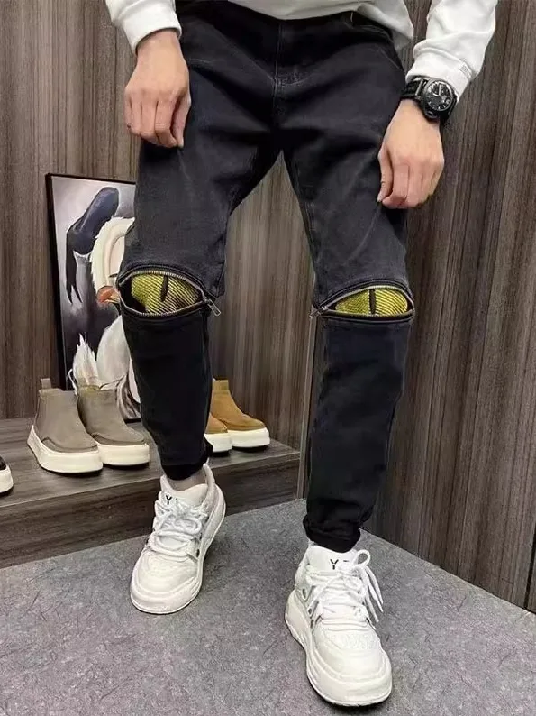 

Fall New Men's Slim Fit Zipper Knee Denim Pants Faionable Trendy Small Monster Casual Straight Leg Jeans Youth Sle